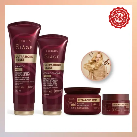 Kit Eudora Siàge Ultra Bond Reset Shampoo 250ml + Condicionador 200ml + Máscara 250g + Proteína Capilar 80g Reconstrução