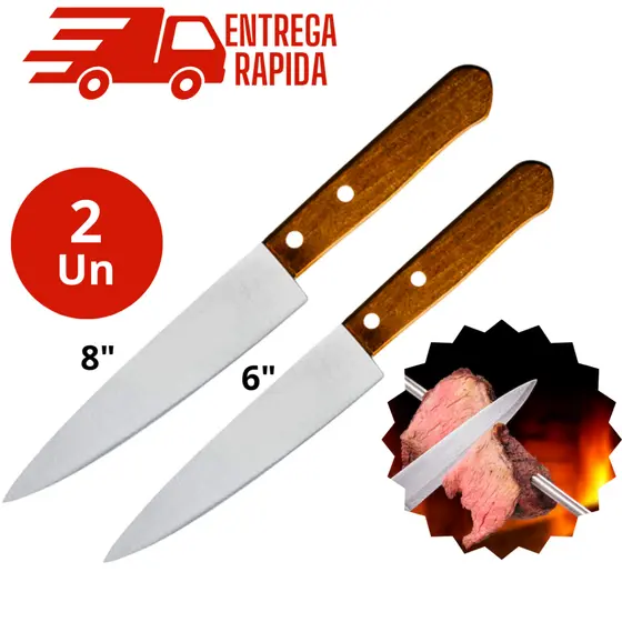 Kit 2 Faca De Cozinha Inox Profissional 6" E 8" Do Chef Cabo Madeira 28 e 33 CM
