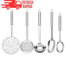 Kit 5/4/3 Utensílios de Cozinha 100% Aço Inox Colher de Arroz Escumadeiras concha