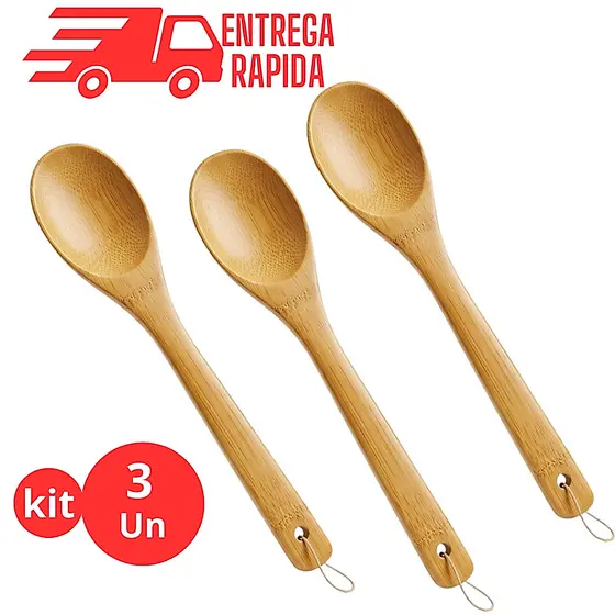 Kit 3 Colher Bambu 30cm Utensílio Cozinha Multiuso Universal Super Resistente Pau Ecológica Durável