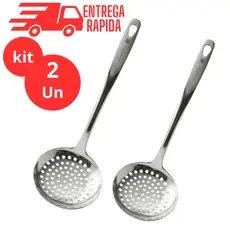 Kit 2 Escumadeira Fritura Aço Inox Resistente 32cm Utensílio Cozinha Profissional Restaurante Buffet