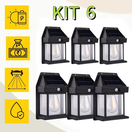 Kit 6 Luminária Arandela Vintage Placa Solar Lâmpada Externa Moderna Decoração Com Sensor De Movimento-LT8609