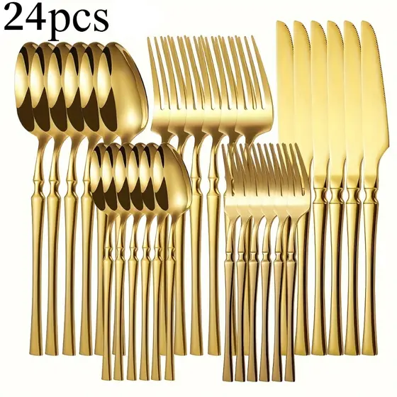 24 Peças Talheres Dourado de Aço Inox Garfo Colher Faca Colher De Mesa Para Uso Em Residências E Restaurantes