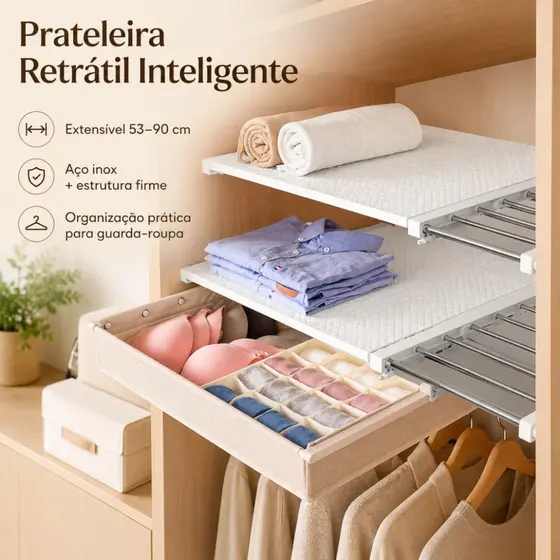 Organizador Prateleira Inteligente Retrátil portátil 53 a 90 cm Aço inoxidável Branca Extensível Largura 30cm