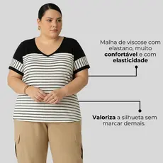 Blusa Feminina Plus Size Listrada Decote V Em Viscolycra 1204-A