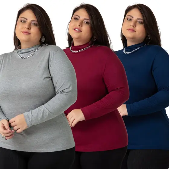 Kit 3 Blusas Moda Feminina Cacharrel Gola Alta Confortável Plus Size 1130-KIT3-C3