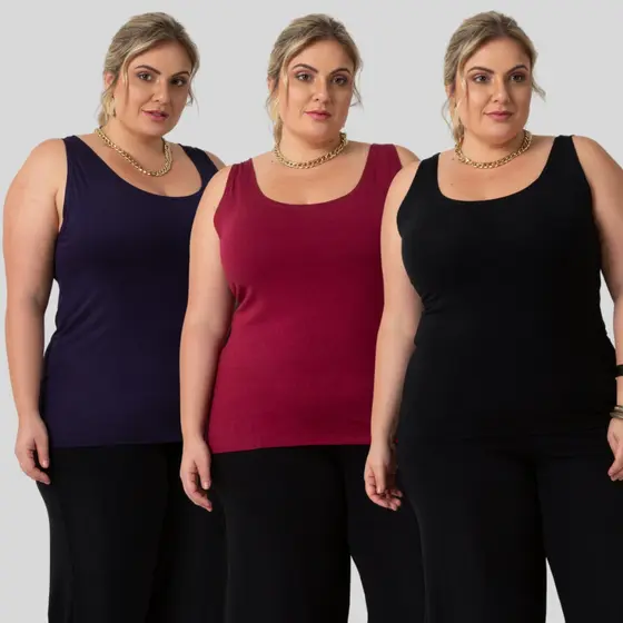 Kit 3 Regatas Plus Size Alça Larga Do G Ao G4 De Viscolycra Moda Verão 1162-KIT3