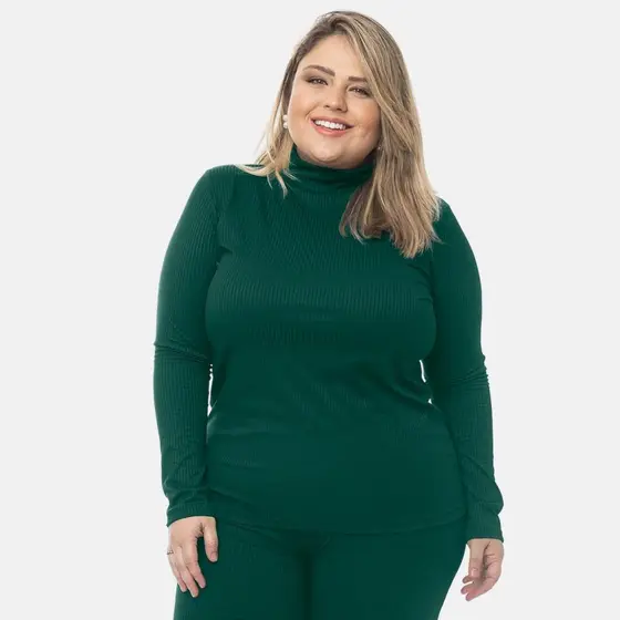 Blusa Canelada Feminina Plus Size Gola Alta Várias Cores 1209-C2