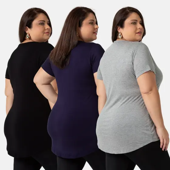 Kit 3 Blusas Femininas Plus Size Tampa Bumbum Mullet Alongada Confortável 1126-KIT3