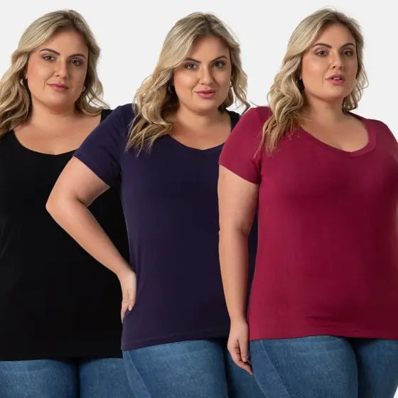 Kit 3 Blusas Feminina Plus Size Decote V 103836-K3