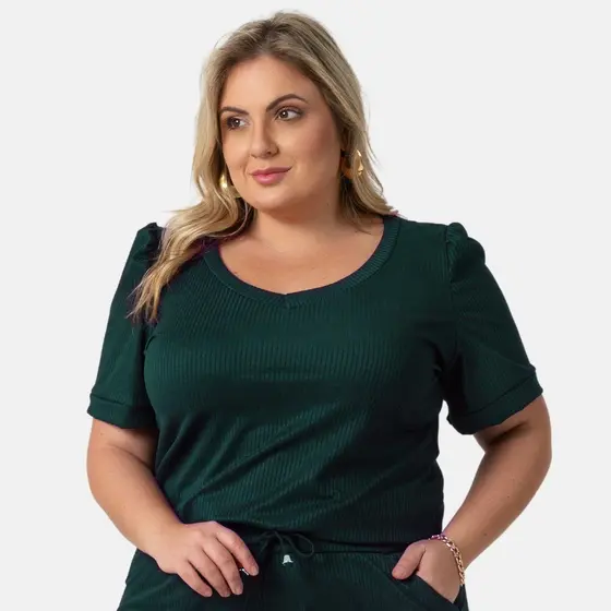 Blusa Canelada Feminina Plus Size Em Decote V 1211-C1