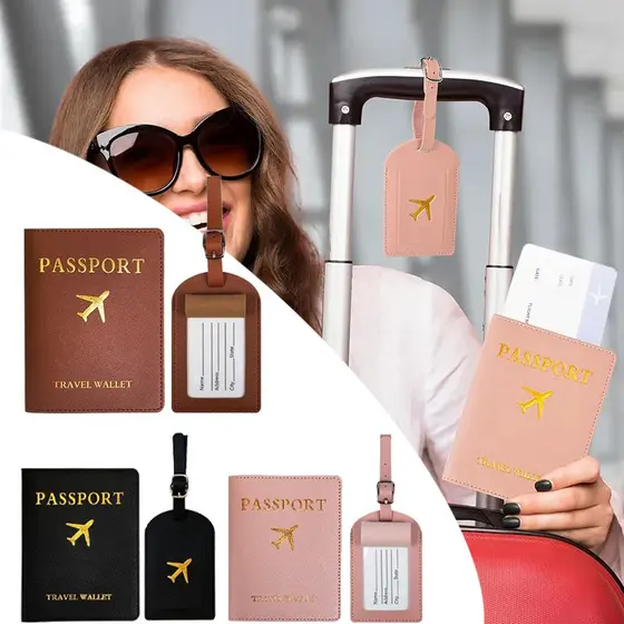 Conjunto De Capa De Passaporte E Etiqueta De Bagagem Porta-cartão E Passaporte Para Mulheres E Homens