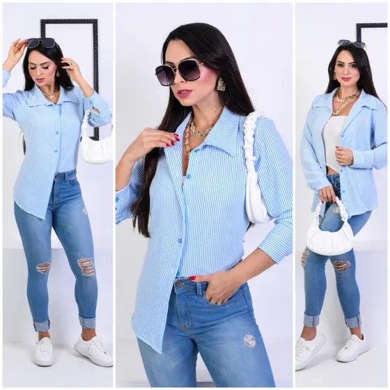 Camisa blusa social feminina listrada tecido crepe seda manga longa botões da mesma cor