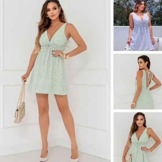 vestido curto feminino listrado costa aberta, alça fina, tecido duna, verão 2025”