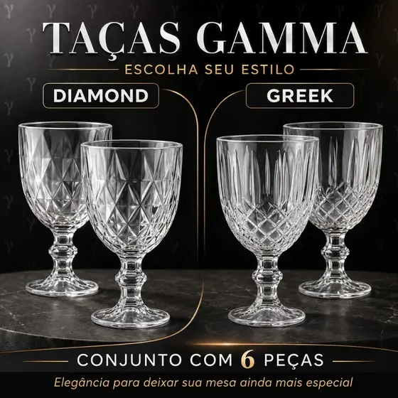 Jogo de 6 Taças Diamante Vidro Transparente - Elegância e Sofisticação em Design Diamante