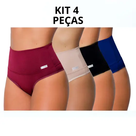Kit 4 Calcinhas Cinta Modeladora Pós Parto Cós Alto Redutora De Medidas Seca Barriga Compreensão