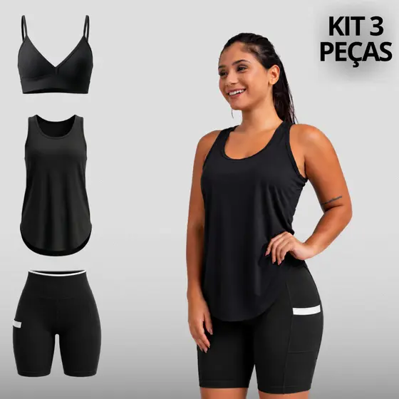 Kit Conjunto 3 Peças Fitness Poliamida Com BOLSO Trijunto Cintura Alta Academia Zero Transparência