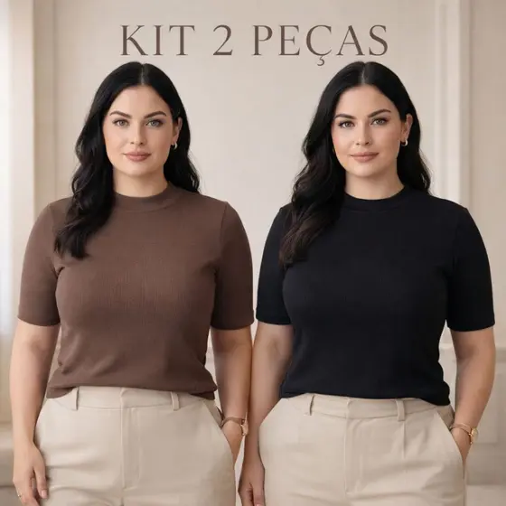 Kit 2 Blusas Plus Size Canelado Algodão Premium Manga 3/4 Inverno