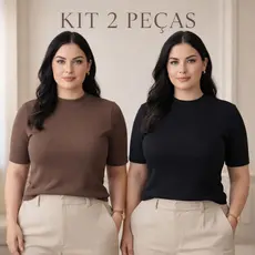 Kit 2 Blusas Plus Size Canelado Algodão Premium Manga 3/4 Inverno