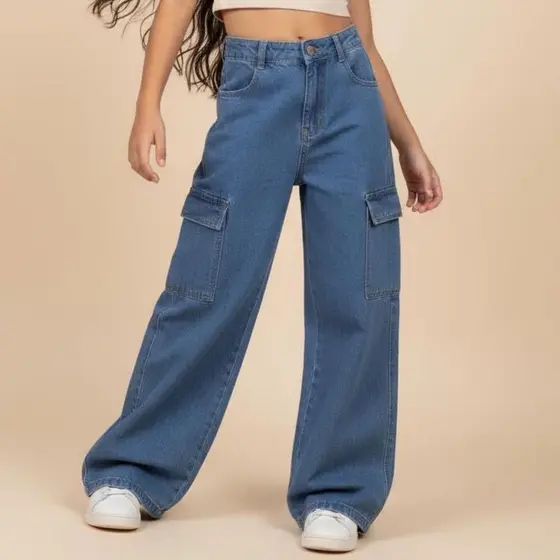 Calça Cargo Juvenil Jeans feminina Grafite blogueirinha Larga Bolso Nas Laterais Alta