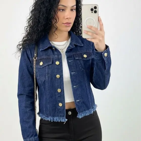 Jaqueta Feminina Jeans Casaco Jaquetinha Cropped Manga Longa Com Lycra Original