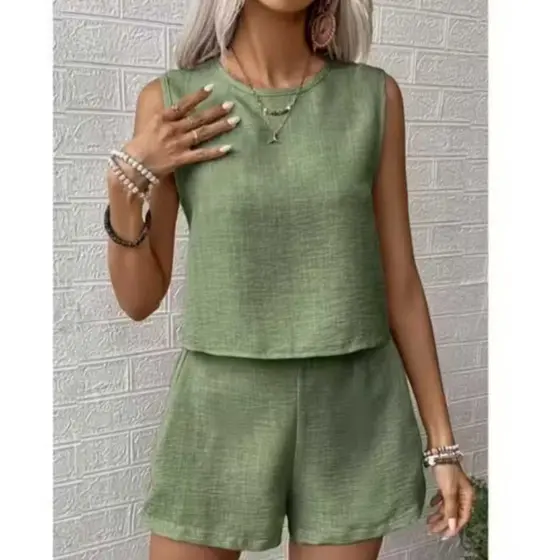 Conjunto Feminino Blusa Regata + Short Duna Linho Verão Casual Elegante Conjunto Fresquinho Liquidação2026**
