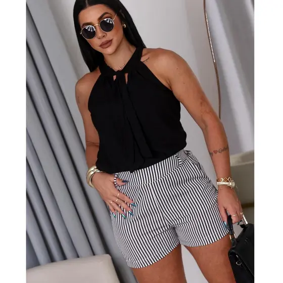 Short Feminino Alfaiataria Listrado Cintura Alta Short Social Casual Moda Liquidação2026**
