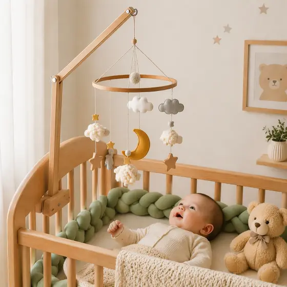Suporte para Mobile Montessori em Madeira Com Regulagem de Altura Seguro e Elegante para Berço