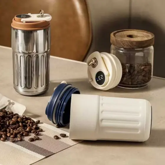 copo;termico;Copo de café isolado portátil à prova de vazamento de aço inoxidável 410ml - com Display de temperatura LED