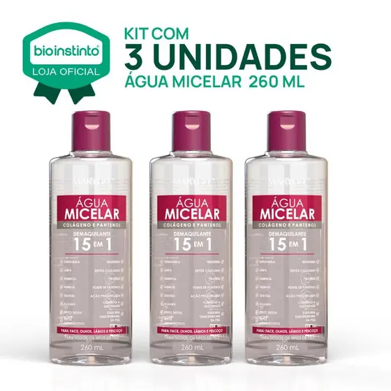 3 unidades ÁGUA MICELAR Colágeno e Pantenol Demaquilante 15 em 1 Controle da Oleosidade Skin Care