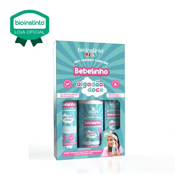 kit com 3 itens Skincare Infantil Bio Instinto Bebelinho Algodão Doce Pele Limpa e hidratada suave