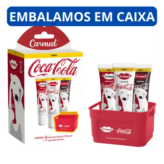 Carmed Hidratante Labial Coca-Cola com Engradado Marrom, Incolor e Vermelho - Edição Limitada, Bisnaga 10g