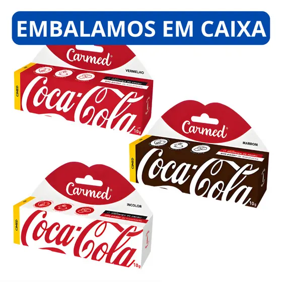Carmed Hidratante Labial Coca-Cola Marrom, Incolor e Vermelho - Edição Limitada, Bisnaga 10g, Cheirinho de Coca-Cola