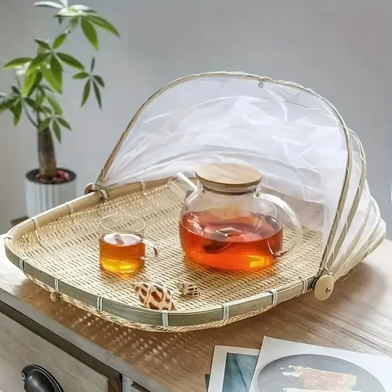 Cesto Porta Pães Bolo Bambu Cobertura Tela Retrátil 42cm