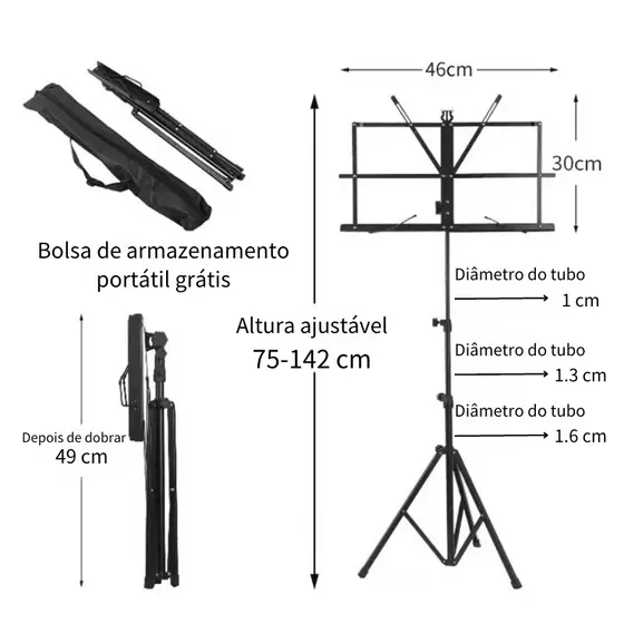 Estante Partitura Suporte Pedestal Cavalete Bolsa Aço