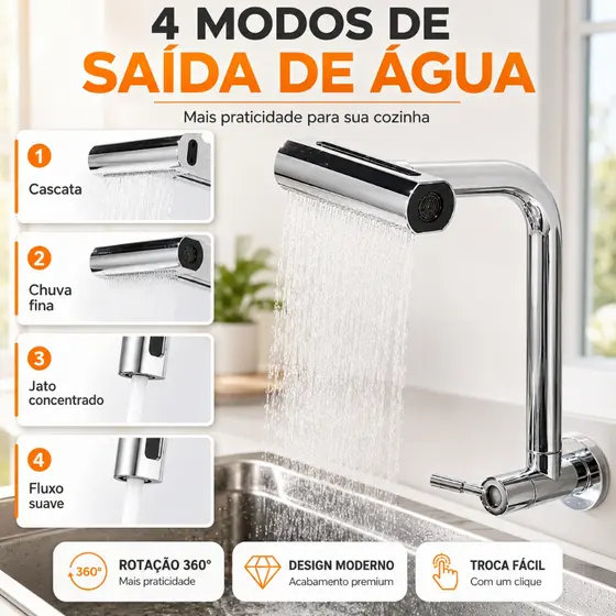 Torneira De Cozinha Cascata 360 Rotação 4 Funções Bocal De Alta Pressão Misturadora De Pia Para Cozinha Na Parede