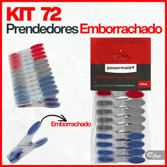 Kit 12 a 72 Grampos de Roupa Prendedores Emborrachados Powermaid para Roupas Pregadores de Roupa Para Varal Resistente
