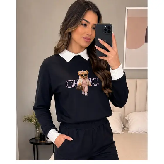 Moletom Gola Social Feminino Estampa Ursinho Blusa Frio Flanelado Algodão Casaco