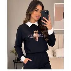Moletom Gola Social Feminino Estampa Ursinho Blusa Frio Flanelado Algodão Casaco