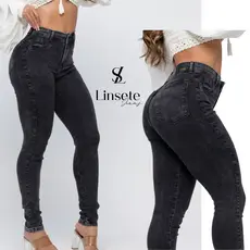 Calça Jeans Feminina  Grafite Skinny Marmorizada Cintura Alta Preta