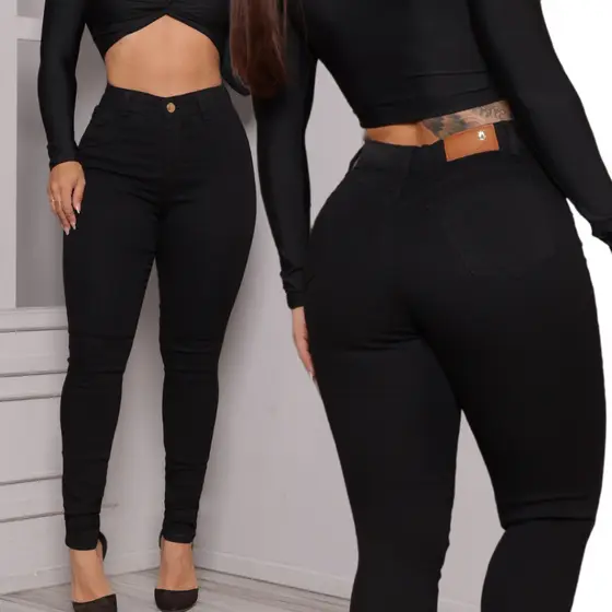 Calça Jeans Feminina Preto Skinny Premium Com Elastano Cintura Alta