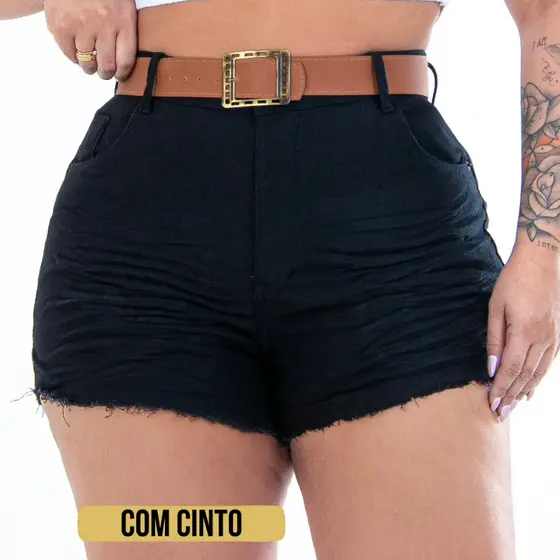 Short Plus Sise Preto Com Elastano Cintura Alta Com Cinto