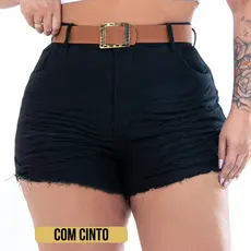 Short Plus Sise Preto Com Elastano Cintura Alta Com Cinto