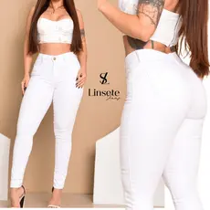 Calça Branco Feminina Skinny Com Elastano Cintura Alta