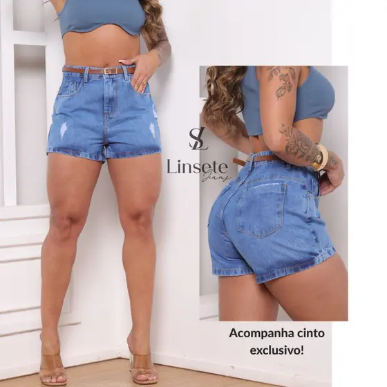 Short Jeans Premium Feminino Destroied 100% Algodão Com CInto