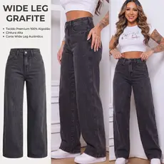 Calça Jeans Wide Leg Feminina Preta Marmorizada Premium