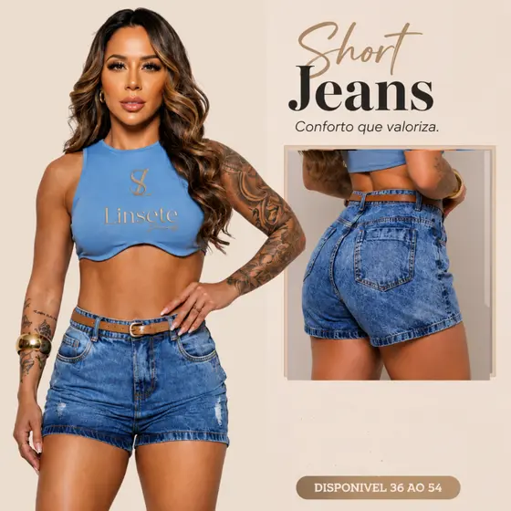Short Jeans Premium Feminino Marmorizado 100% Algodão Com Cinto