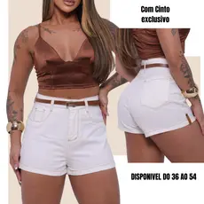 Short Jeans Feminino Off-White Com Cinto Cintura Alta
