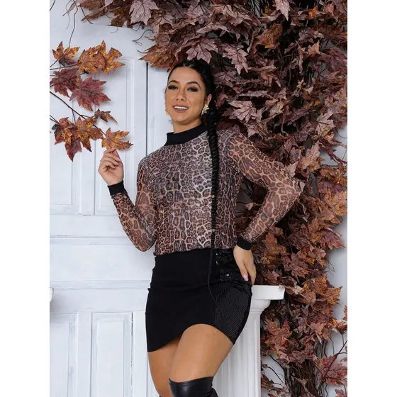 Blusa Feminina Cacharrel Animal Print Onça Oncinha Gola Alta Manga Longa Tendência Fashion