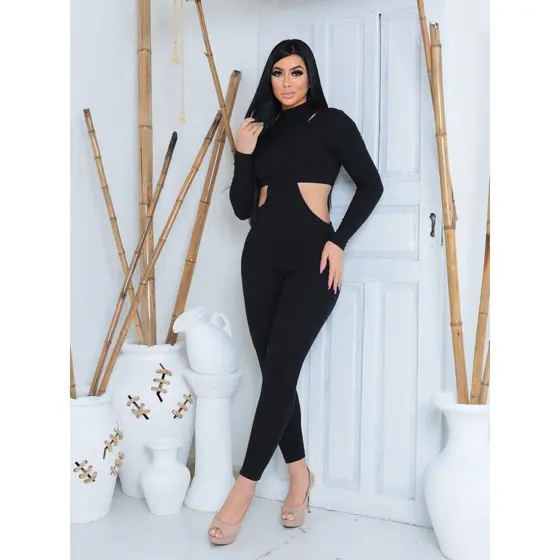 Conjunto Feminino Macacão e Cropped Manga Longa Canelado Premium Moda Gringa